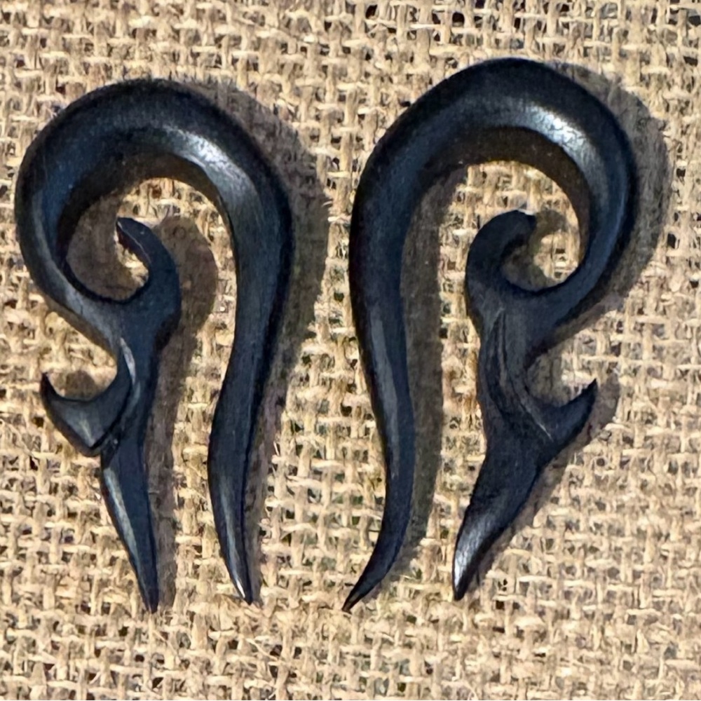 Black Hand-Carved Spiral Wooden Earrings - Tribal Style Pair